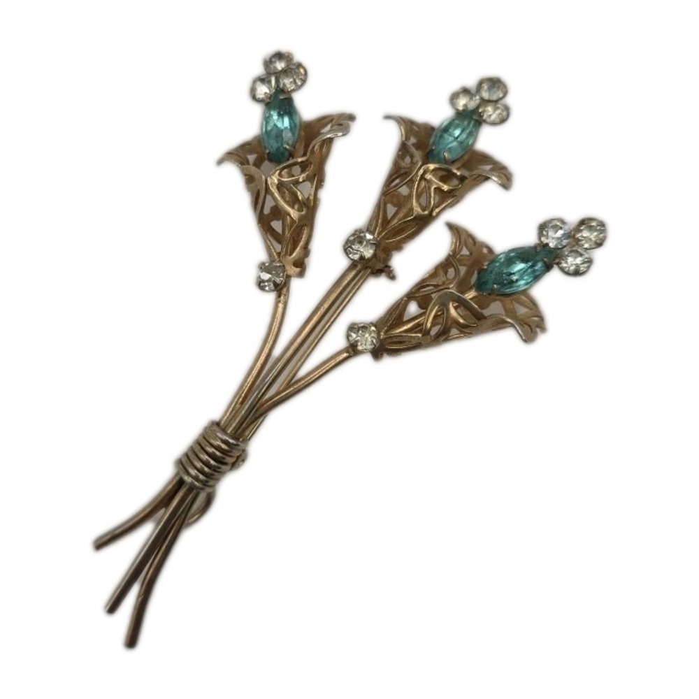 Vintage 1940s Retro Filagree Floral Tied Boquet Aqua Blue Rhinestone Brooch